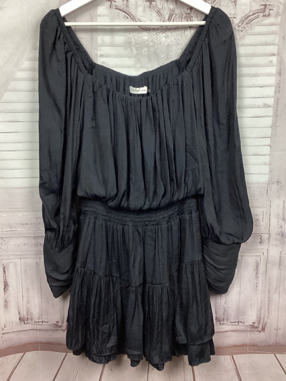 Mustard Seed Black Satin Tiered Skirt Smocked Mini Dress L